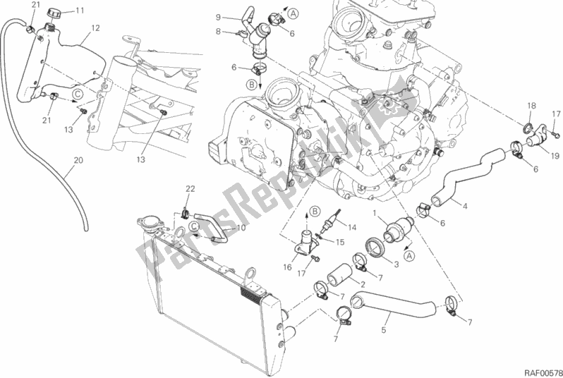 All parts for the Cooling Circuit of the Ducati Multistrada 950 SW USA 2018